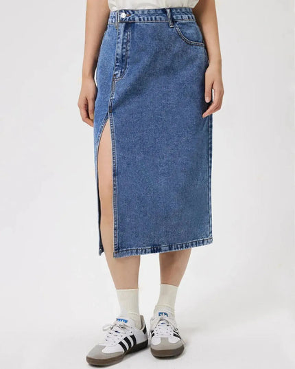 Slit Midi Denim Skirt with Pockets - ShopEasier