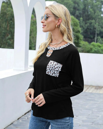 Leopard Print Cutout Long Sleeve Tee with Pocket