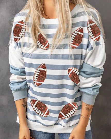 Football Striped Round Neck Long Sleeve Sweatshirt