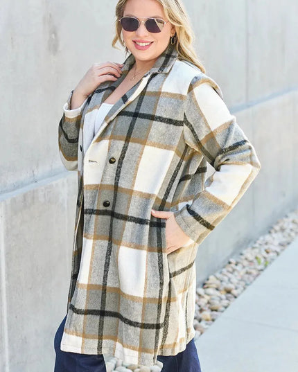 Plaid Button-Up Lapel Coat with Pockets - Full Size Double Take Design