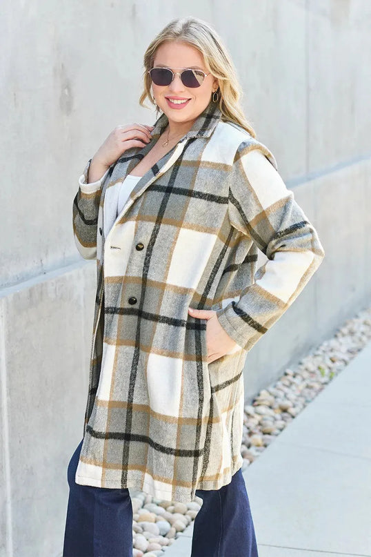 Plaid Button-Up Lapel Coat with Pockets - Full Size Double Take Design