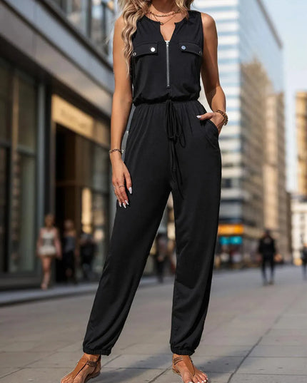 Perfee Half Zip Sleeveless Jumpsuit with Pockets - ShopEasier