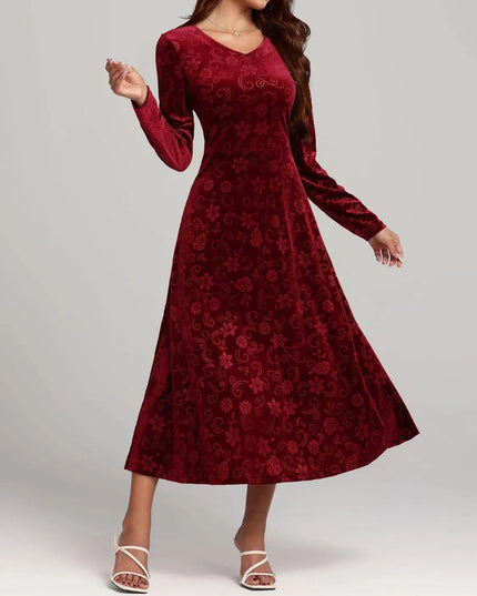 Flower Print V-Neck Long Sleeve Midi Dress