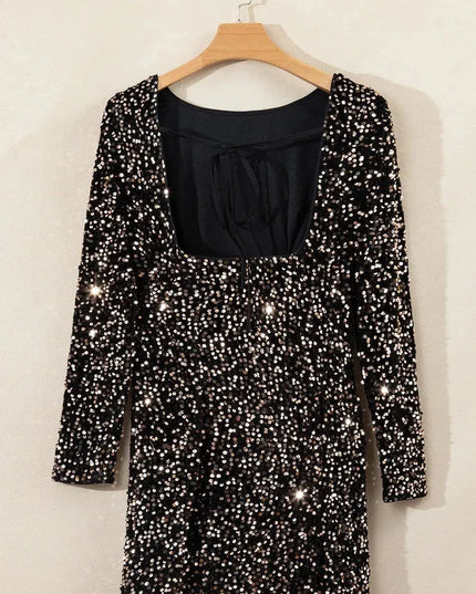 Backless Sequin Round Neck Long Sleeve Dress - ShopEasier