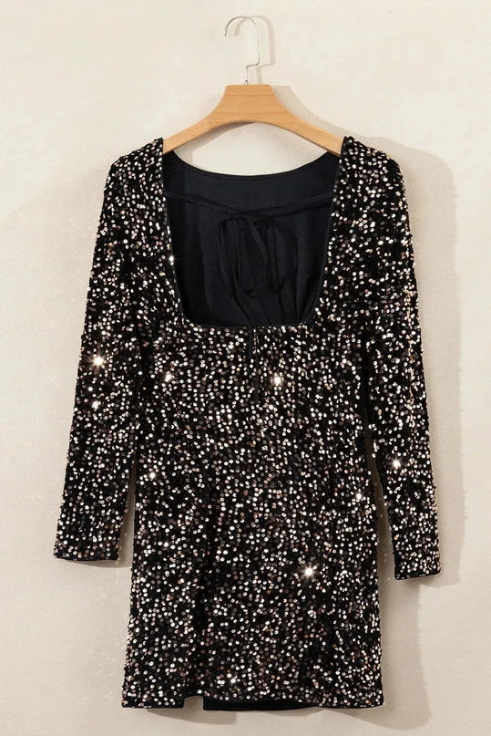 Backless Sequin Round Neck Long Sleeve Dress - ShopEasier