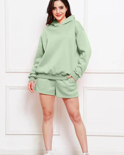 Casual Drop Shoulder Hoodie and Shorts Ensemble