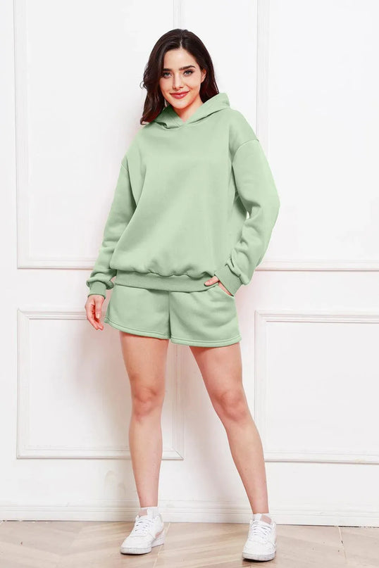 Casual Drop Shoulder Hoodie and Shorts Ensemble