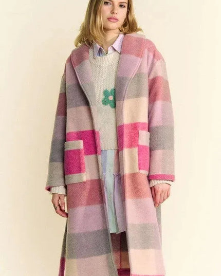 Color Block Collared Neck Tie Coat by Davi & Dani