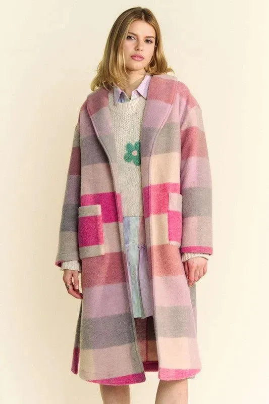 Color Block Collared Neck Tie Coat by Davi & Dani