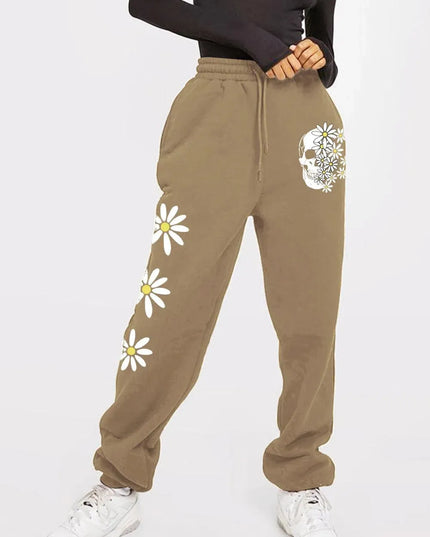 Casual Graphic Long Sweatpants with Drawstring - Flower & Skull Design