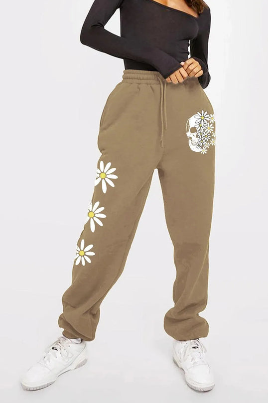 Casual Graphic Long Sweatpants with Drawstring - Flower & Skull Design