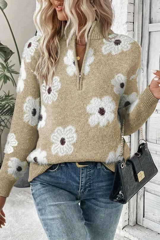 Flower Half Zip Long Sleeve Sweater - ShopEasier