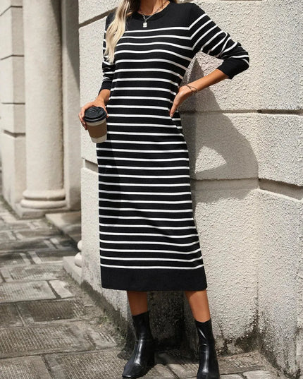 Striped Round Neck Long Sleeve Dress - ShopEasier