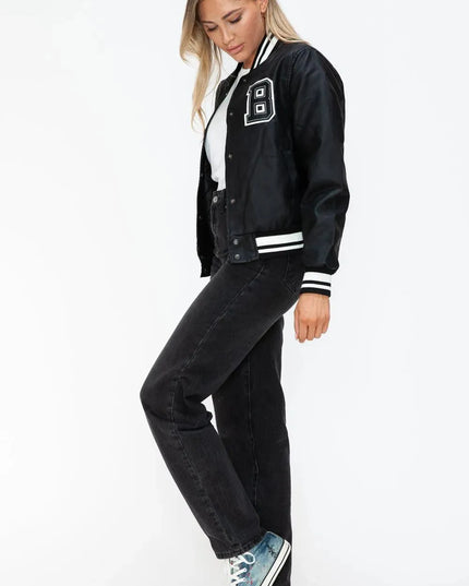 Love Me Now PU Leather Contrast Snap Down Bomber Jacket - ShopEasier