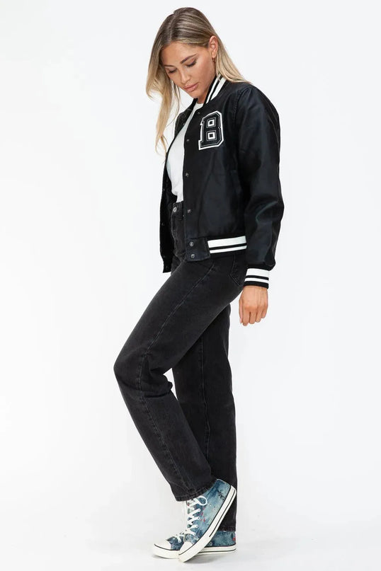 Love Me Now PU Leather Contrast Snap Down Bomber Jacket - ShopEasier