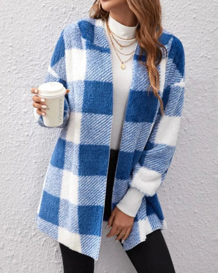 Plaid Long Sleeve Hooded Coat - ShopEasier