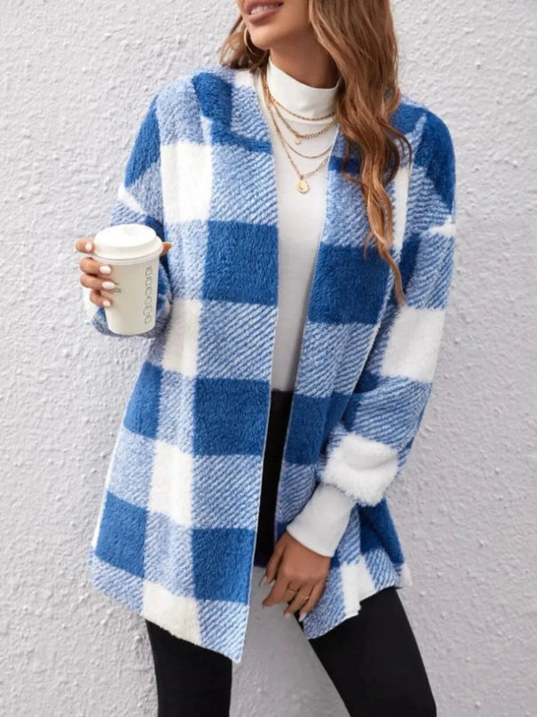 Plaid Long Sleeve Hooded Coat - ShopEasier