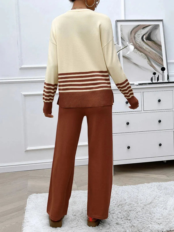 Chic Slit Striped Knit Top and Bottom Ensemble