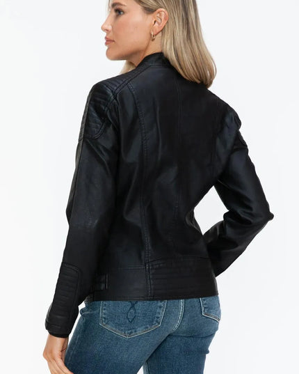 Snobbish Faux Leather Biker Jacket with Side Zip Pockets - ShopEasier