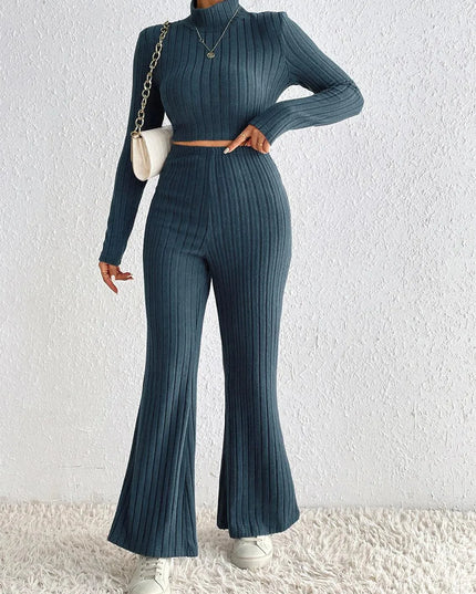 Honey Ribbed Mock Neck Cropped Sweater & High Waist Pants Set - ShopEasier