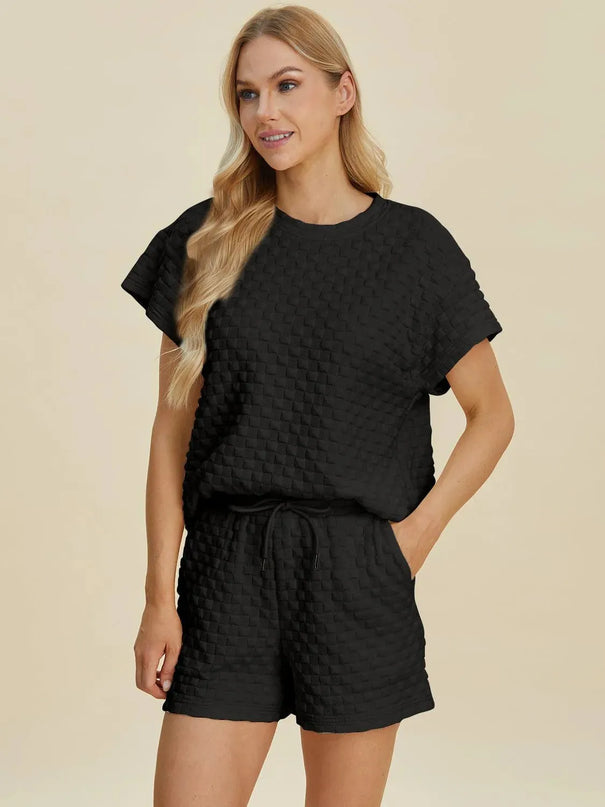 Dual Style Full Size Textured Tee and Shorts Ensemble