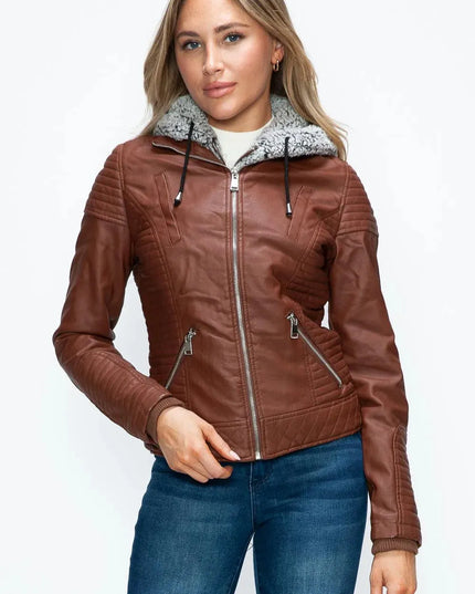 YMI Faux Layered Double-Zipper Jacket with Fuzzy Hood - ShopEasier