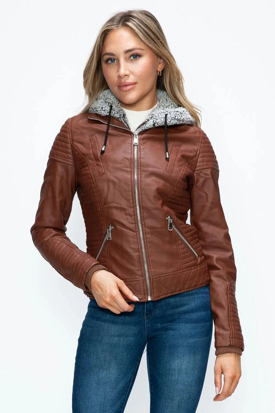 YMI Faux Layered Double-Zipper Jacket with Fuzzy Hood - ShopEasier