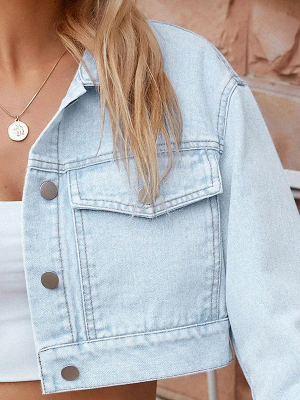 Button Up Long Sleeve Denim Top with Breast Pockets - ShopEasier