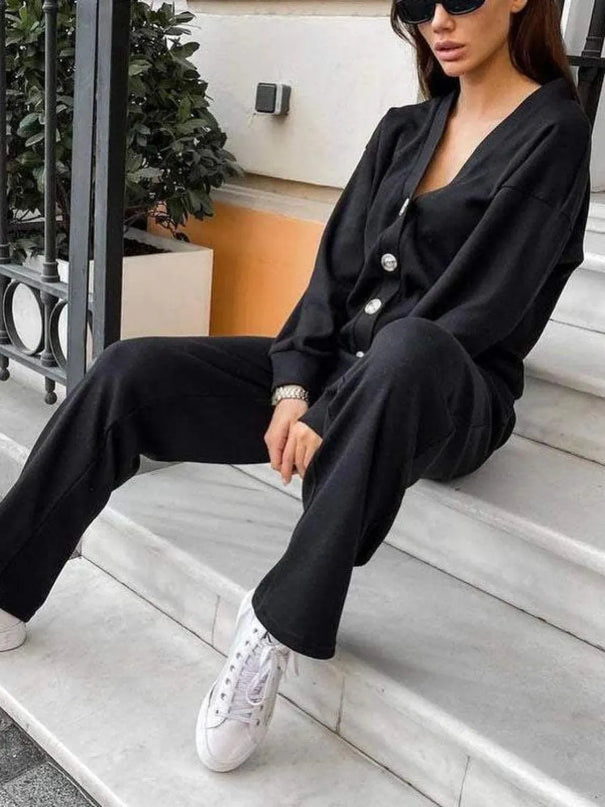 Chic Full-Length Button-Up Shirt and Trouser Ensemble