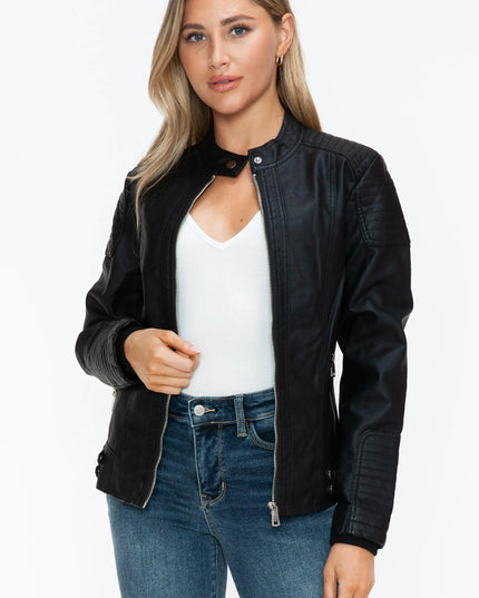 Snobbish Faux Leather Biker Jacket with Side Zip Pockets - ShopEasier