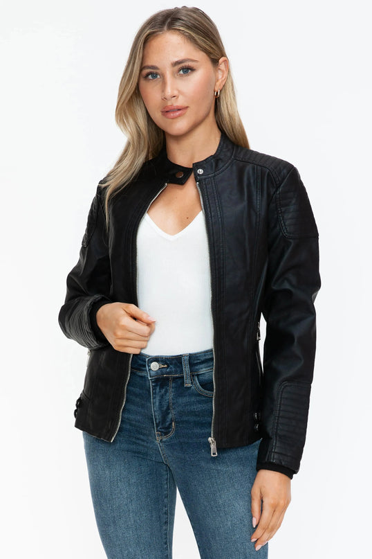 Snobbish Faux Leather Biker Jacket with Side Zip Pockets - ShopEasier