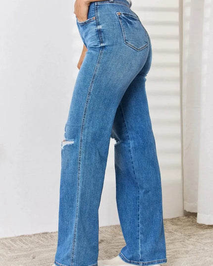 Judy Blue Full Size High Waist Distressed Straight-Leg Jeans - ShopEasier