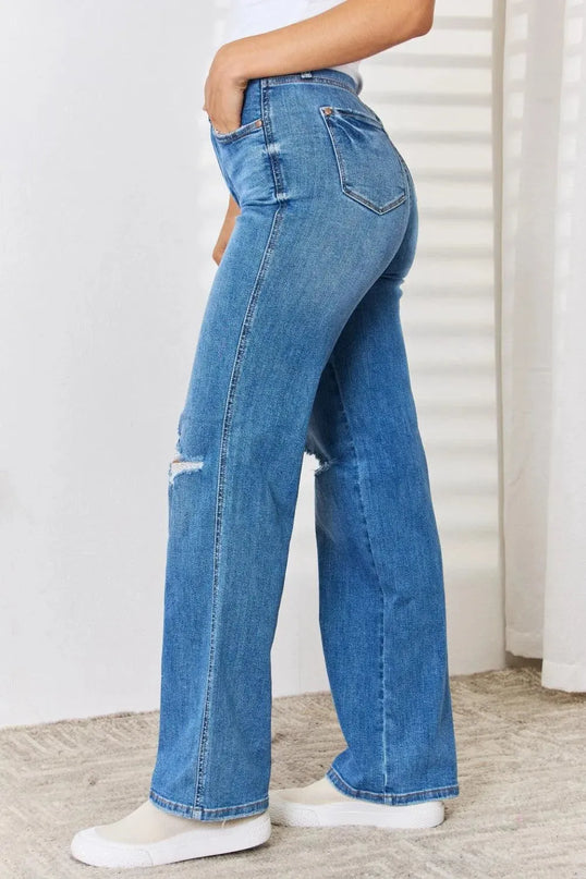 Judy Blue Full Size High Waist Distressed Straight-Leg Jeans - ShopEasier