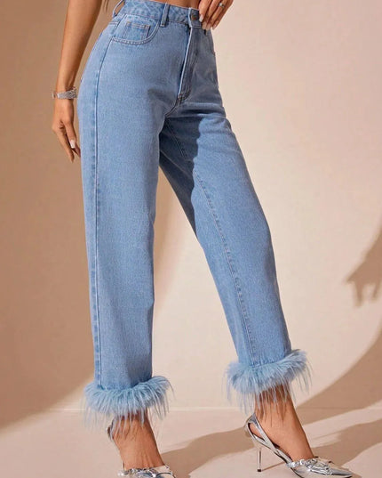 Plush Hem High Rise Straight Jeans - ShopEasier