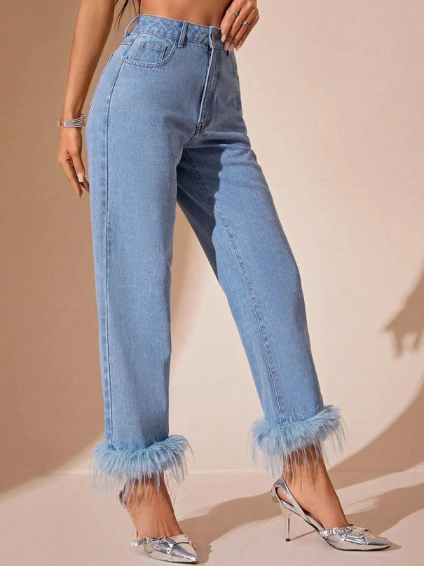 Plush Hem High Rise Straight Jeans - ShopEasier