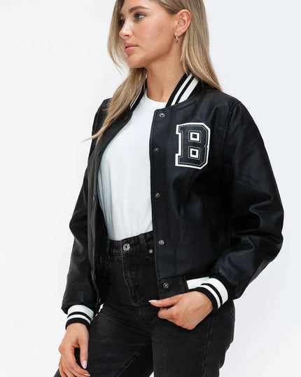 Love Me Now PU Leather Contrast Snap Down Bomber Jacket - ShopEasier