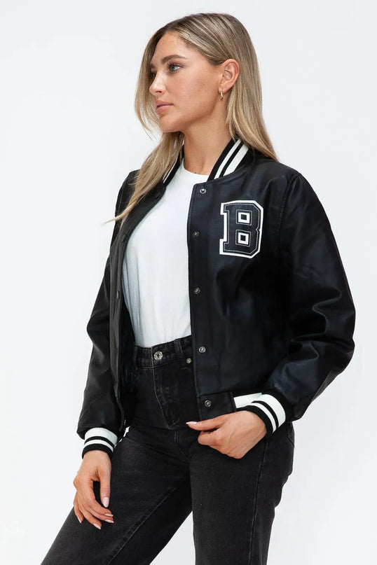 Love Me Now PU Leather Contrast Snap Down Bomber Jacket - ShopEasier