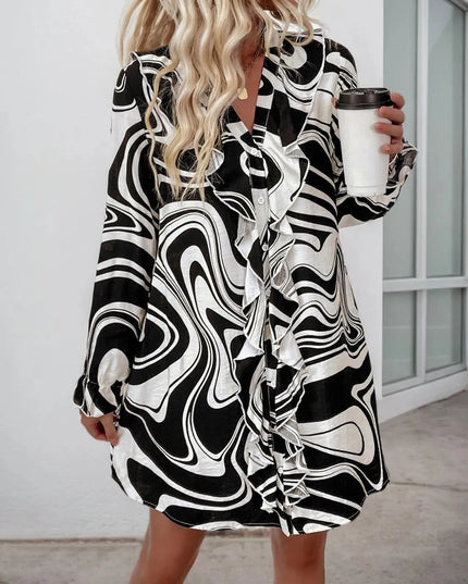 Perfee Ruffled Printed V-Neck Long Sleeve Dress