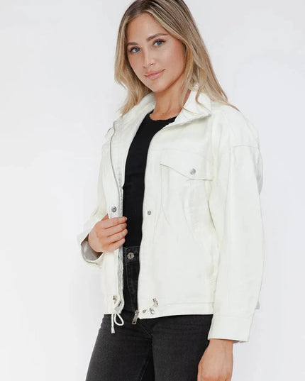 How Dare U Drawstring Hem PU Leather Zip Up Jacket - ShopEasier