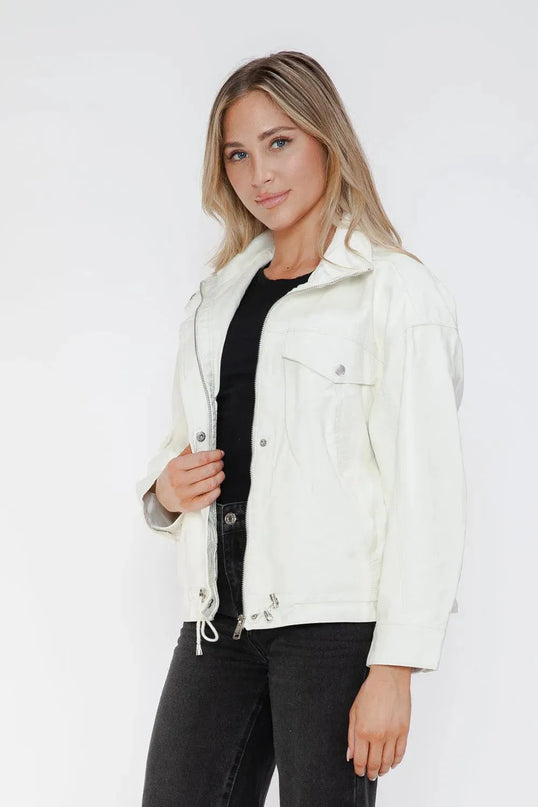 How Dare U Drawstring Hem PU Leather Zip Up Jacket - ShopEasier