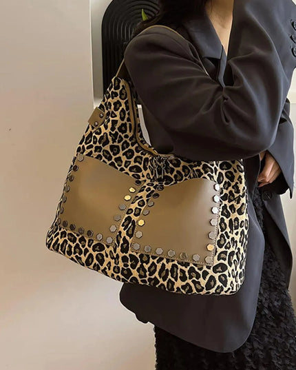 Leopard Polyester Shoulder Bag with Zippers