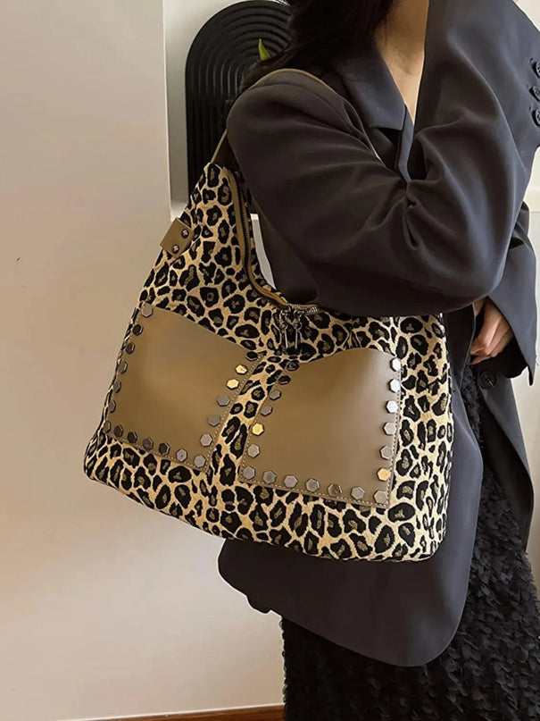 Bolso bandolera de poliéster con estampado de leopardo y cremalleras