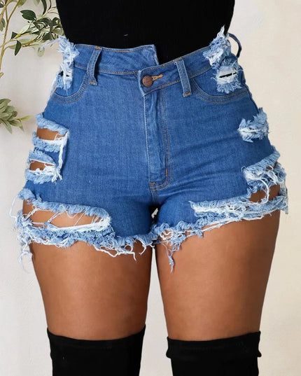 Distressed Pocketed Denim Shorts with Raw Hem Finish