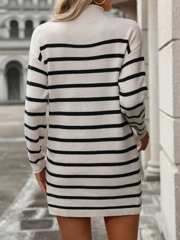 Striped Mock Neck Long Sleeve Mini Dress - ShopEasier