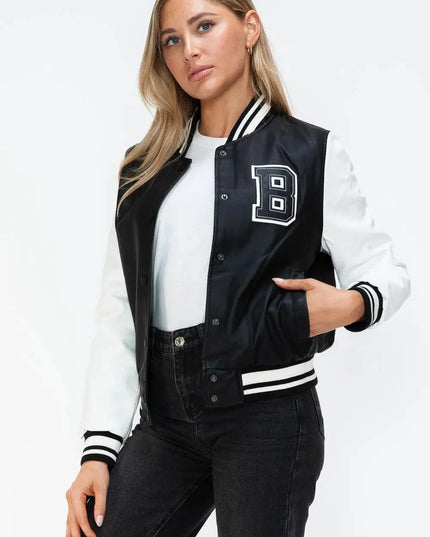 Love Me Now PU Leather Contrast Snap Down Bomber Jacket - ShopEasier