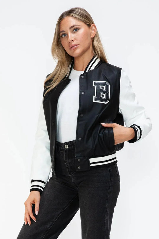 Love Me Now PU Leather Contrast Snap Down Bomber Jacket - ShopEasier