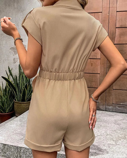 Perfee Collared Neck Tie Waist Romper with Pockets - ShopEasier