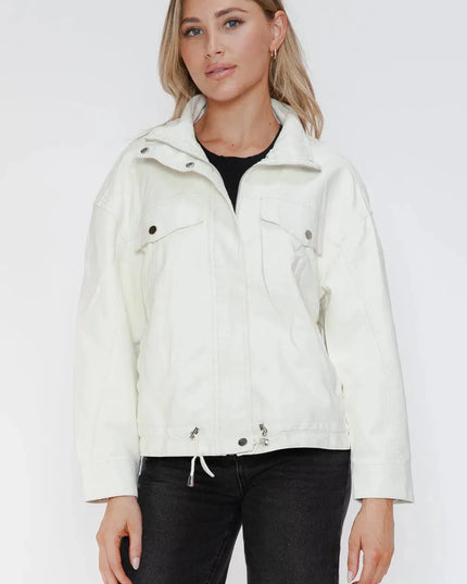 How Dare U Drawstring Hem PU Leather Zip Up Jacket - ShopEasier