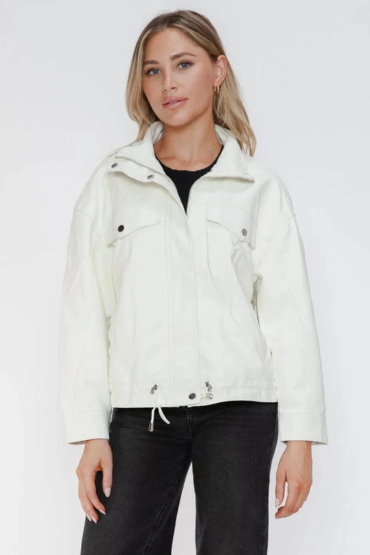 How Dare U Drawstring Hem PU Leather Zip Up Jacket - ShopEasier