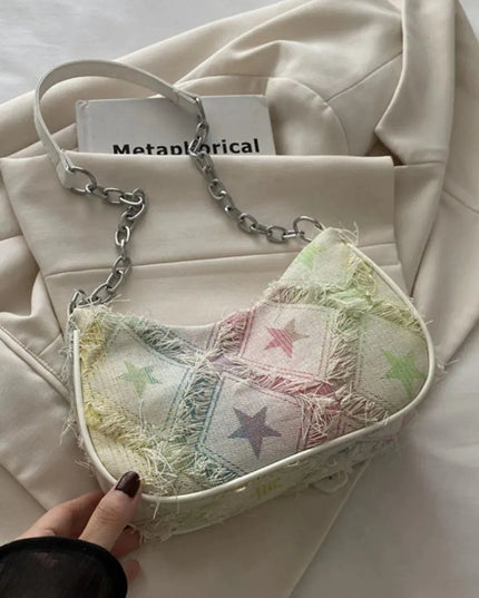 Bolso de hombro con estampado de estrellas y flecos